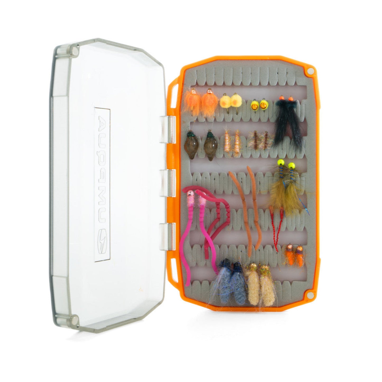 Fishing lure set in a clear and orange case on a white background