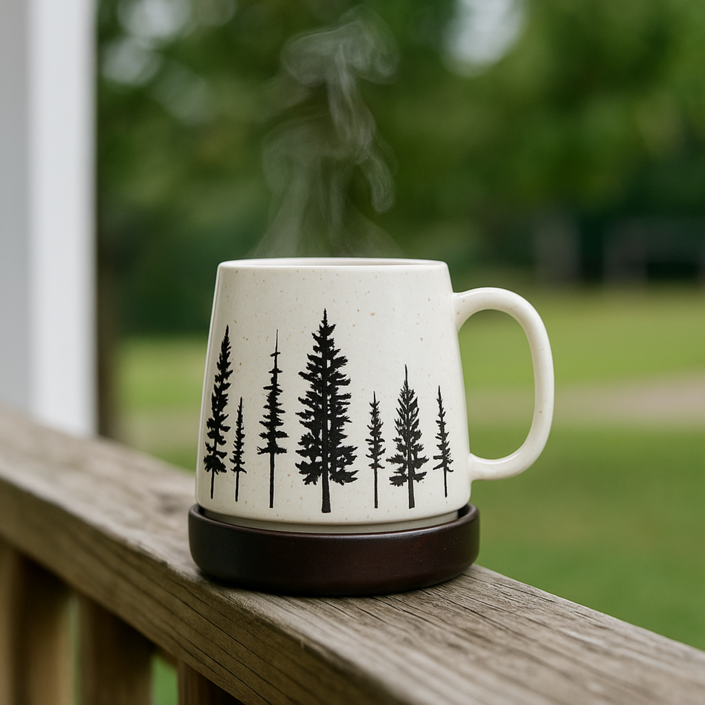 White mug with black tree patterns on a wooden deck with a blurred green outdoor background