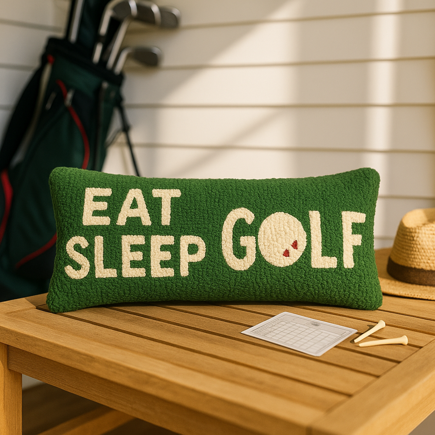Eat Sleep Golf hand-hooked wool lumbar pillow in fairway green, 8x24, Laura Megroz design