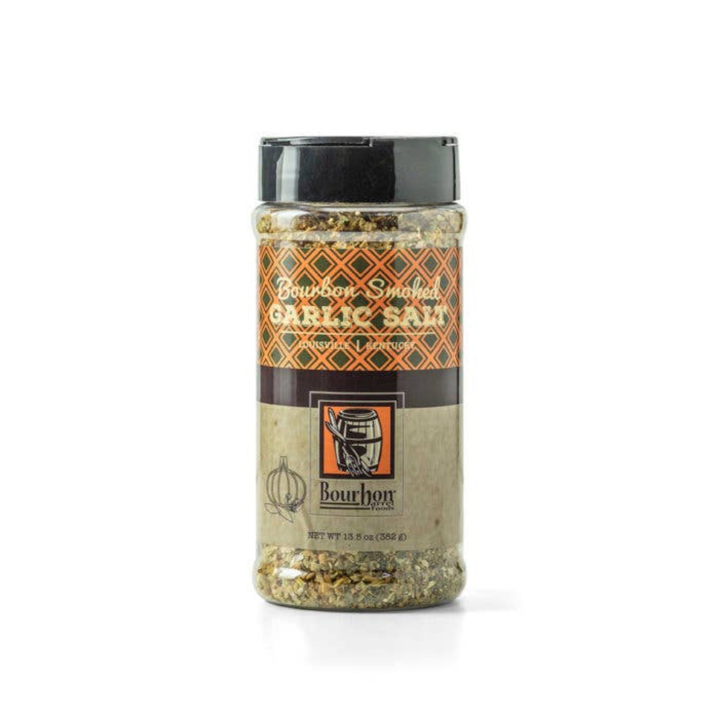Spice jar labeled 'Bourbon Smoked Garlic Salt' on a white background