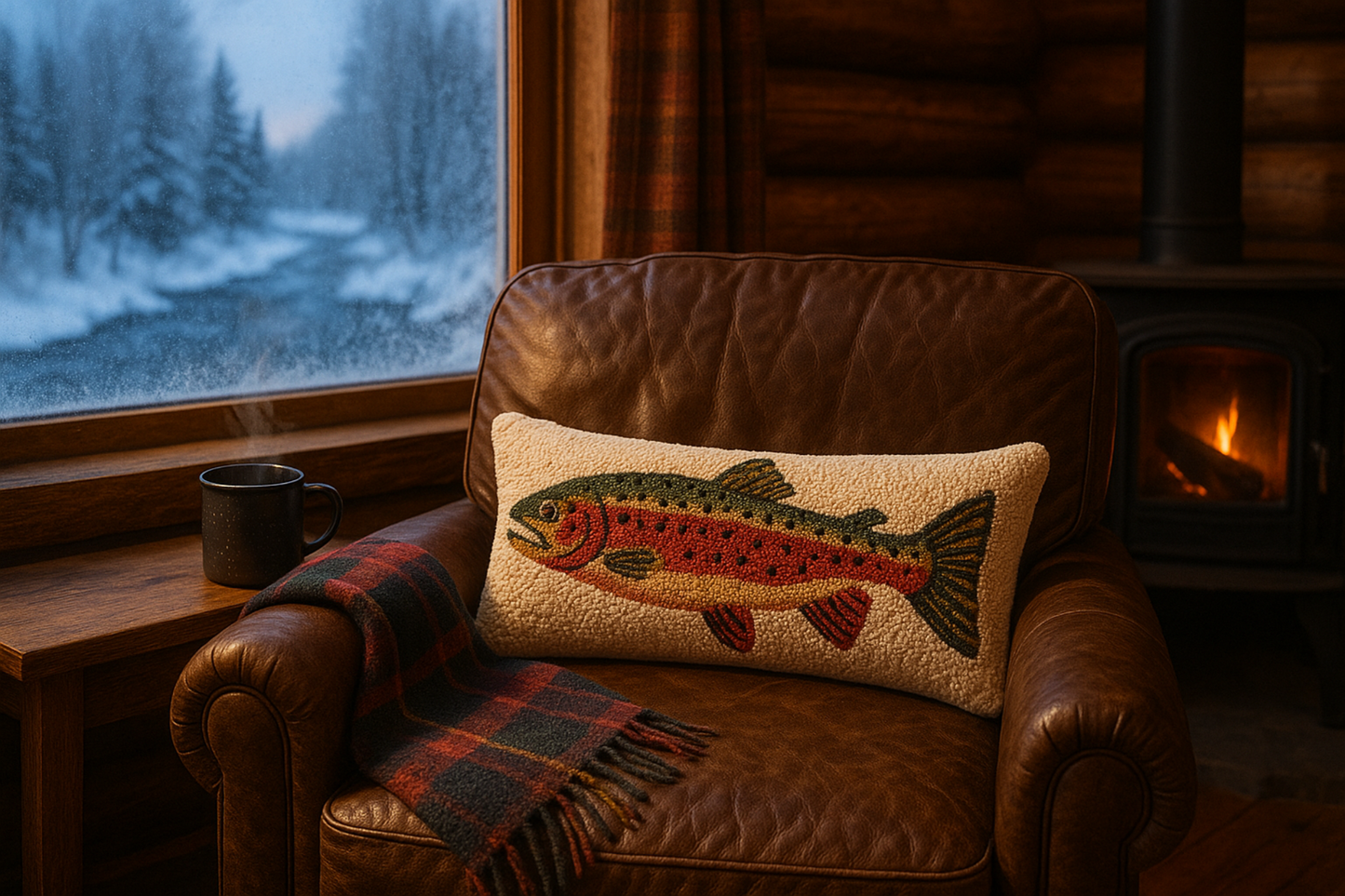 Hand-hooked wool lumbar pillow with bright trout artwork on cream background