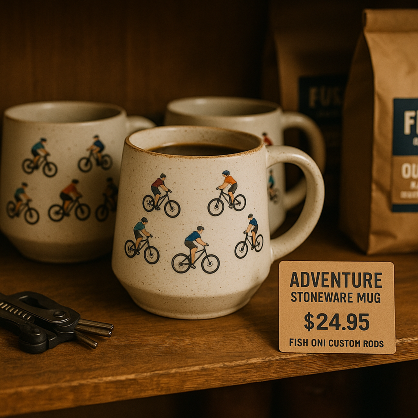 Two ceramic mugs with bicycle illustrations on a wooden surface, accompanied by a sign displaying the mug's price.