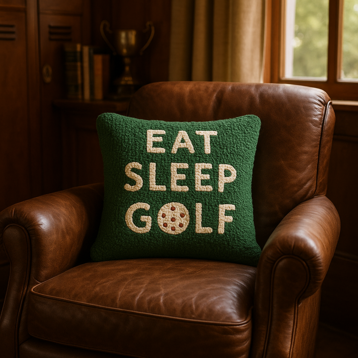 Green pillow with 'EAT SLEEP GOLF' text on a brown leather chair.