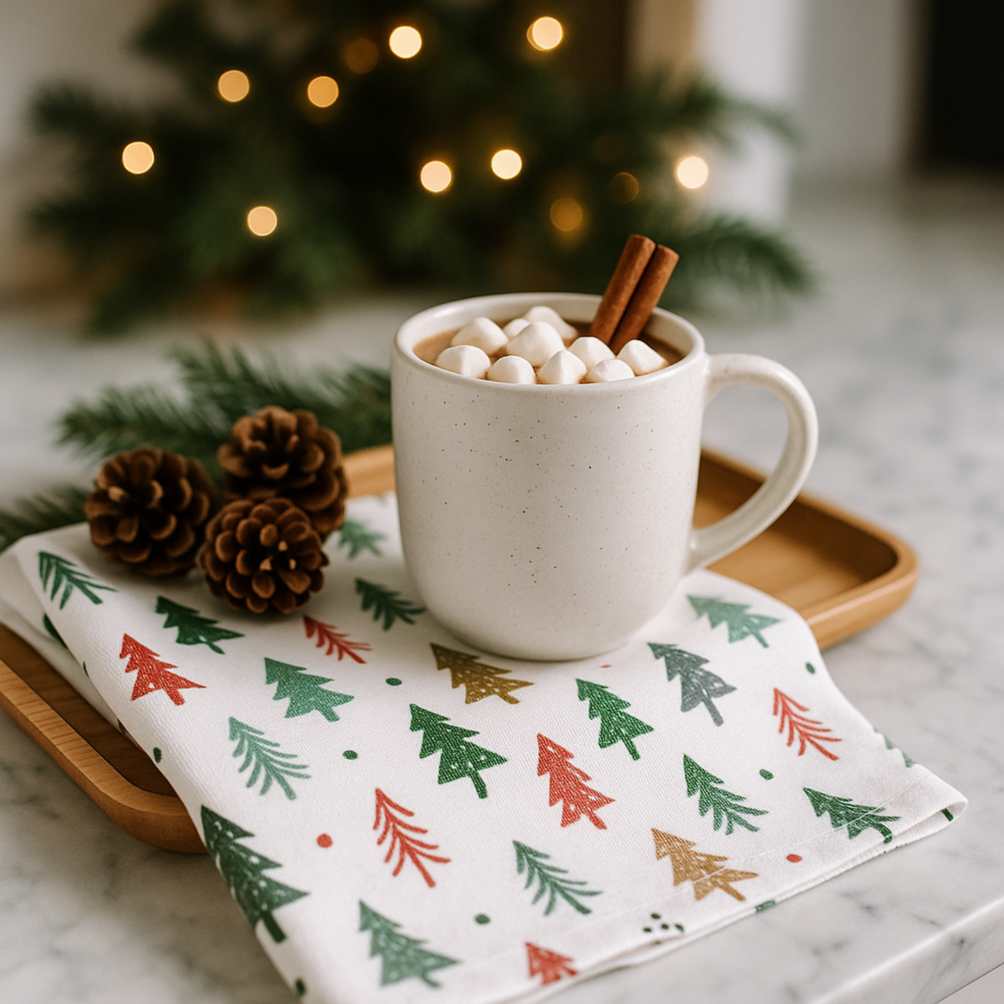 White mug with hot chocolate and marshmallows on a tray with a Christmas-themed napkin, decorated Christmas tree in the background.