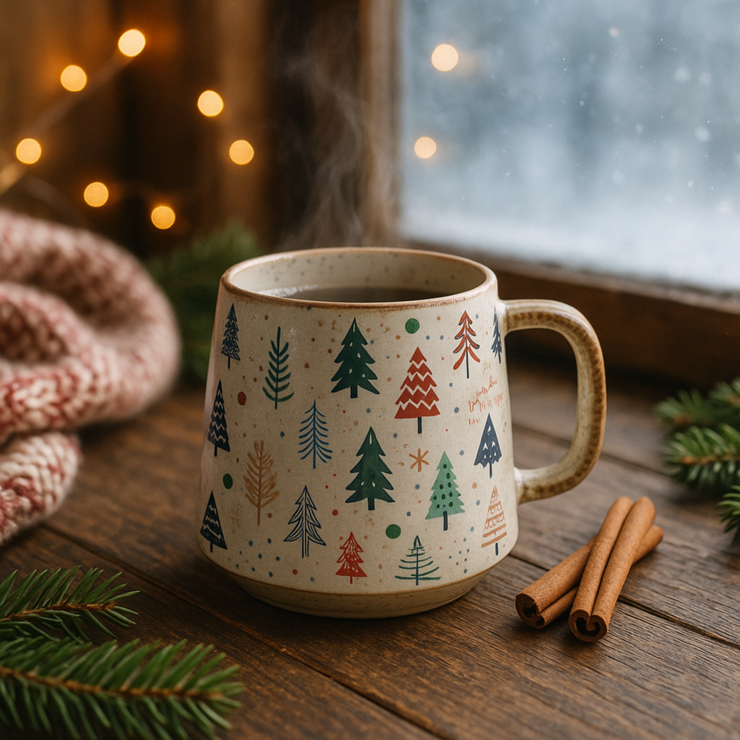 Mug with Christmas tree pattern on a wooden table with cinnamon sticks and a blanket.