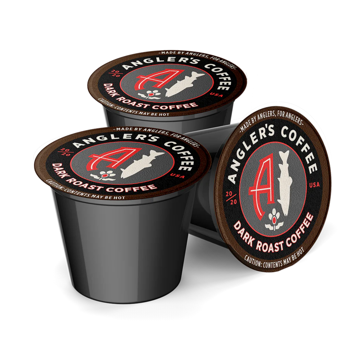 Close-up of Angler's Coffee Dark Roast single serve coffee pod showing nitrogen-flushed freshness seal
