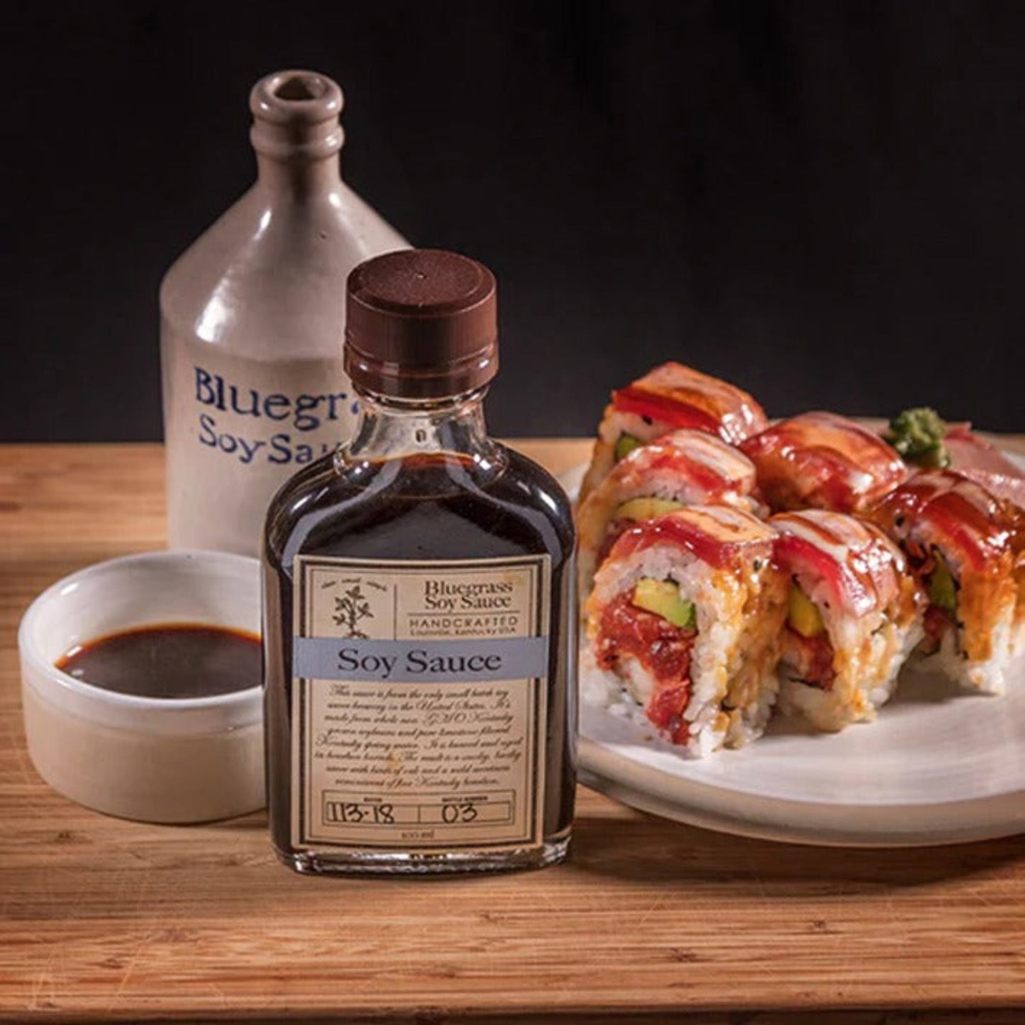 Bluegrass Soy Sauce is microbrewed in small batches using only whole Kentucky grown Non-GMO soybeans, soft red winter wheat, and the purest limestone filtered Kentucky spring water. We ferment and age the soybean mash in re-purposed bourbon barrels. It’s smoky and brothy with hints of oak and a mild sweetness reminiscent of fine Kentucky bourbon.