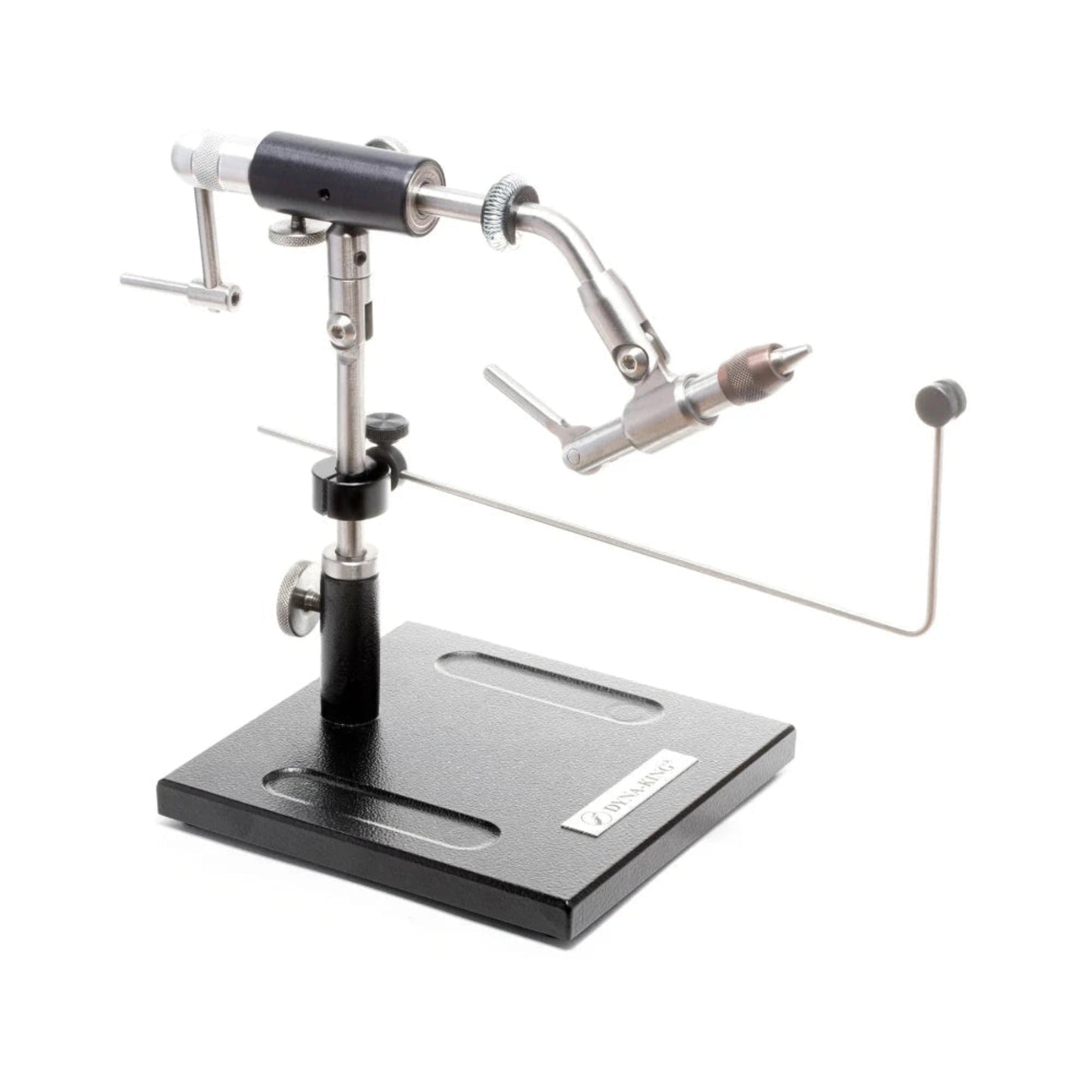 This finely crafted vise offers all of the great features preferred by professional tyers everywhere. With high grade brass knobs, all stainless-steel construction except the jaws made out of hardened tool steel, smooth rotation with precision ball bearings, easy height adjustment, 90° handle for speed crank, convenient material clip, notch lock cam, excellent hook holding capability 32 to 8/0, and bobbin hanger included.