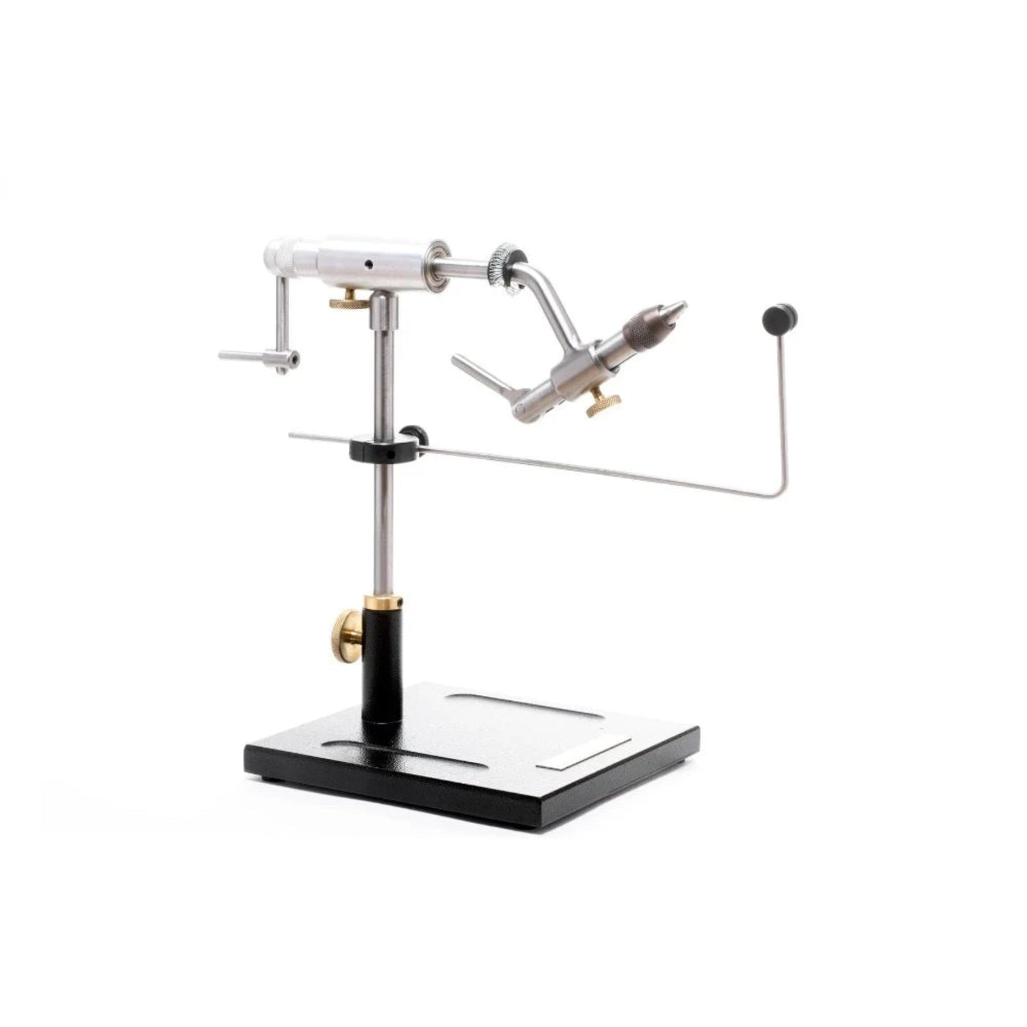 This finely crafted vise offers all of the great features preferred by professional tyers everywhere. With high grade brass knobs, all stainless-steel construction except the jaws made out of hardened tool steel, smooth rotation with precision ball bearings, easy height adjustment, 90° handle for speed crank, convenient material clip, notch lock cam, excellent hook holding capability 32 to 8/0, and bobbin hanger included.