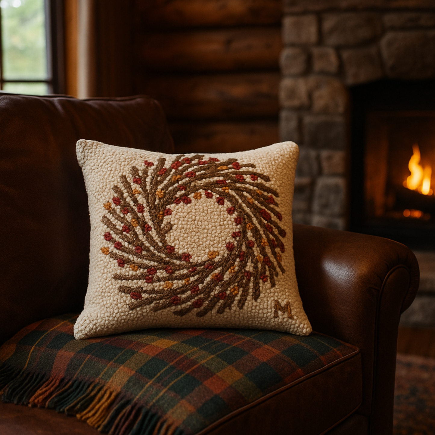Decorative pillow with a wreath design on a brown couch in front of a fireplace.