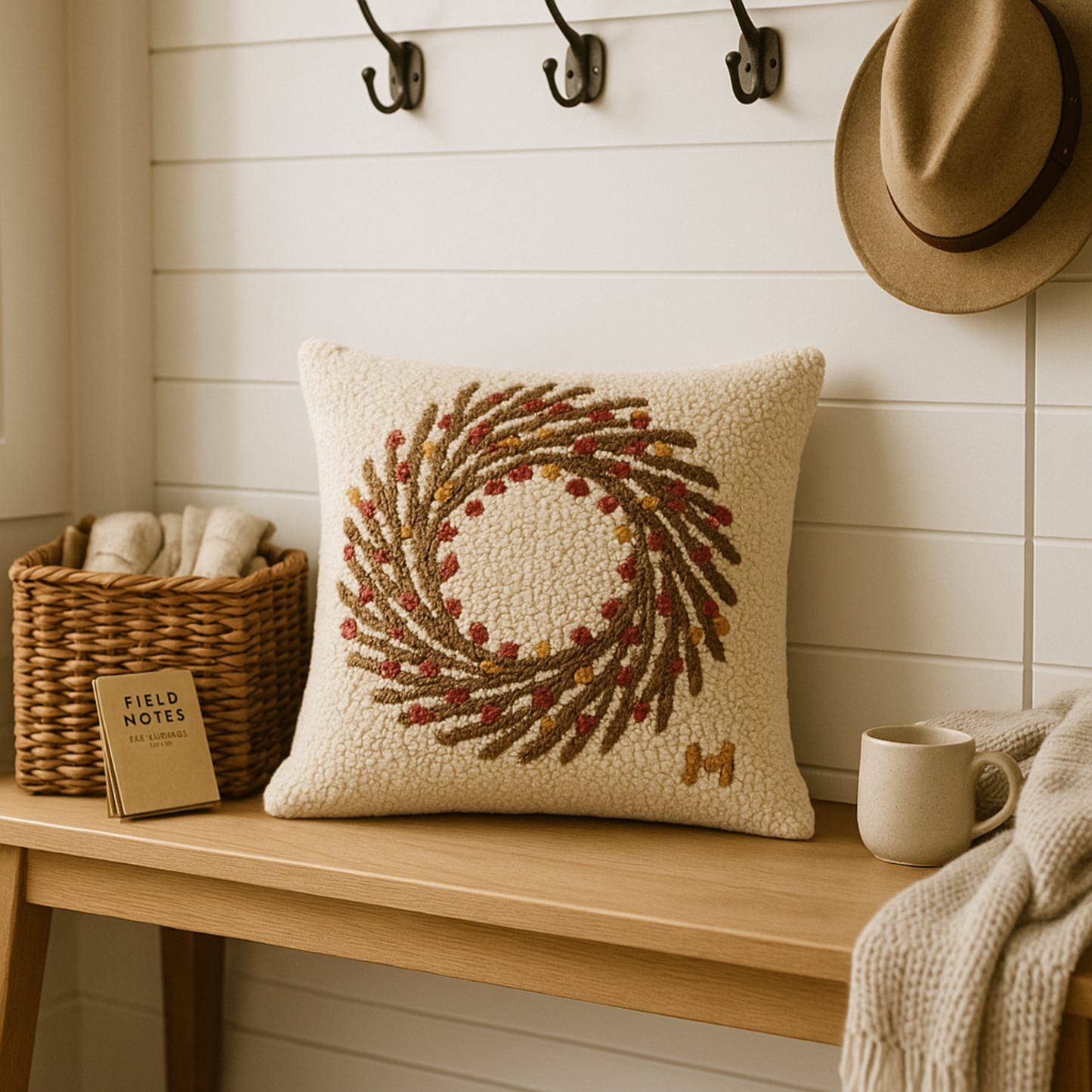 Decorative pillow with a wreath design on a wooden bench in a home setting.
