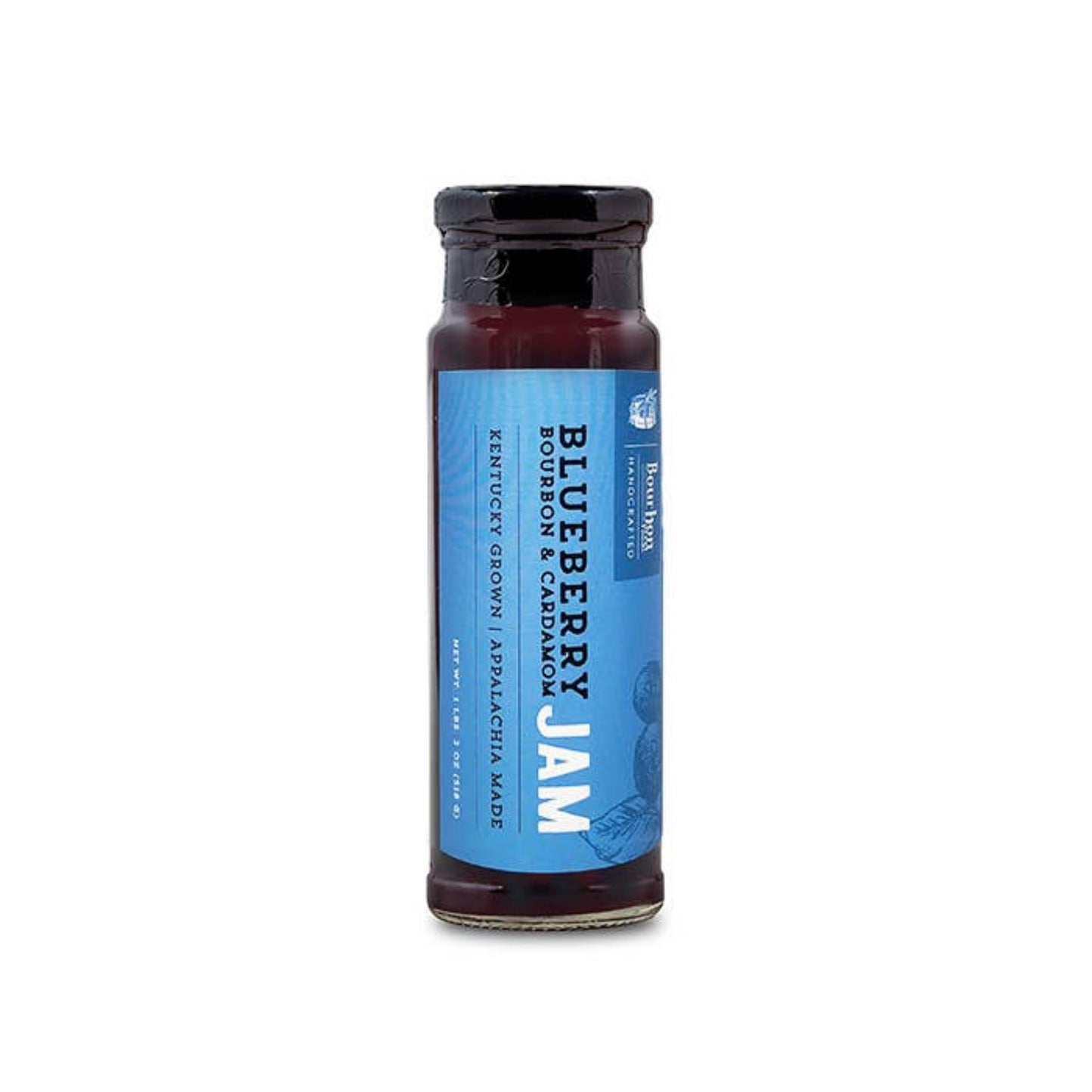 Bottle of Bourbon Barrel Smoked blueberry jam with a blue label on a white background