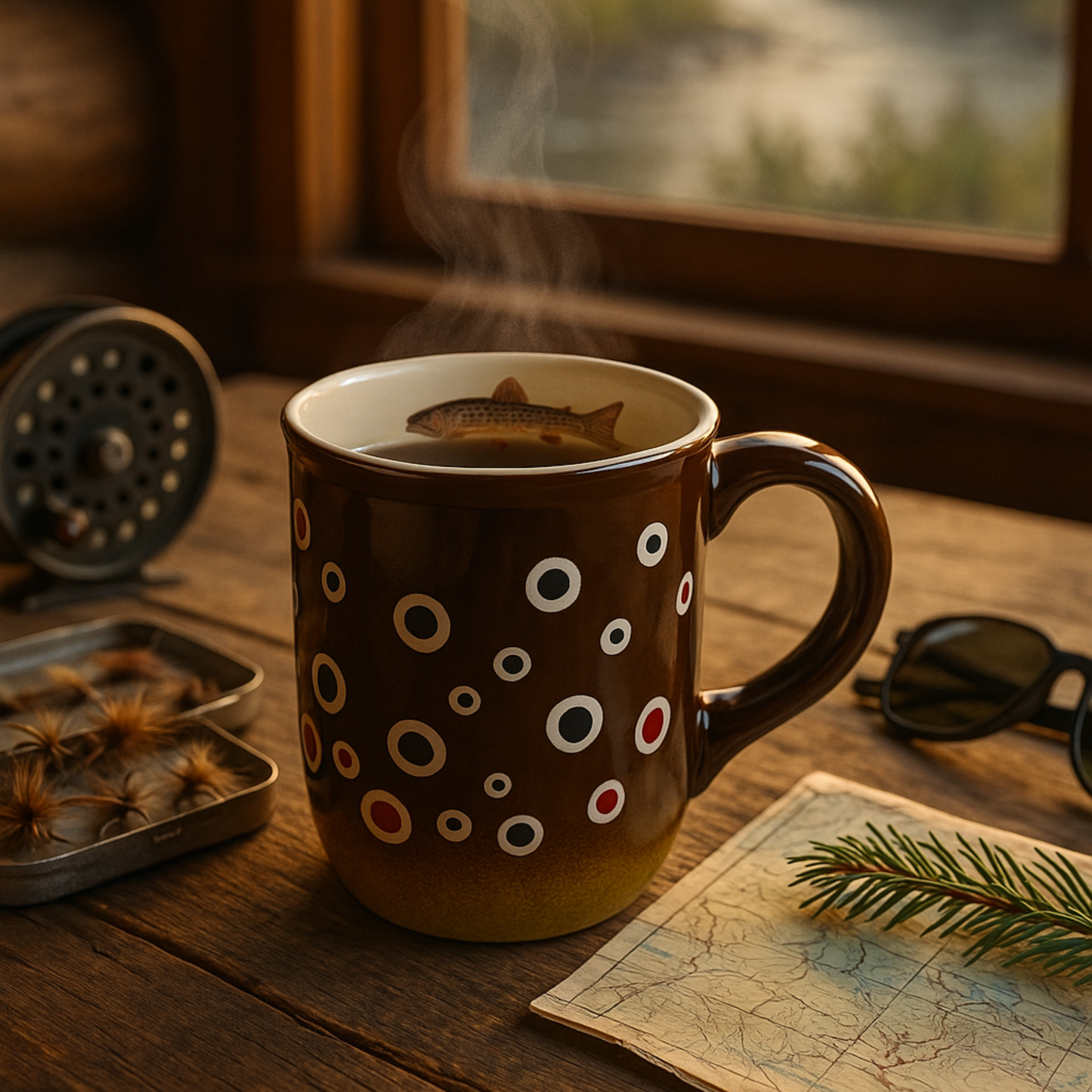 Steaming mug of coffee on a wooden table with a scenic window view.