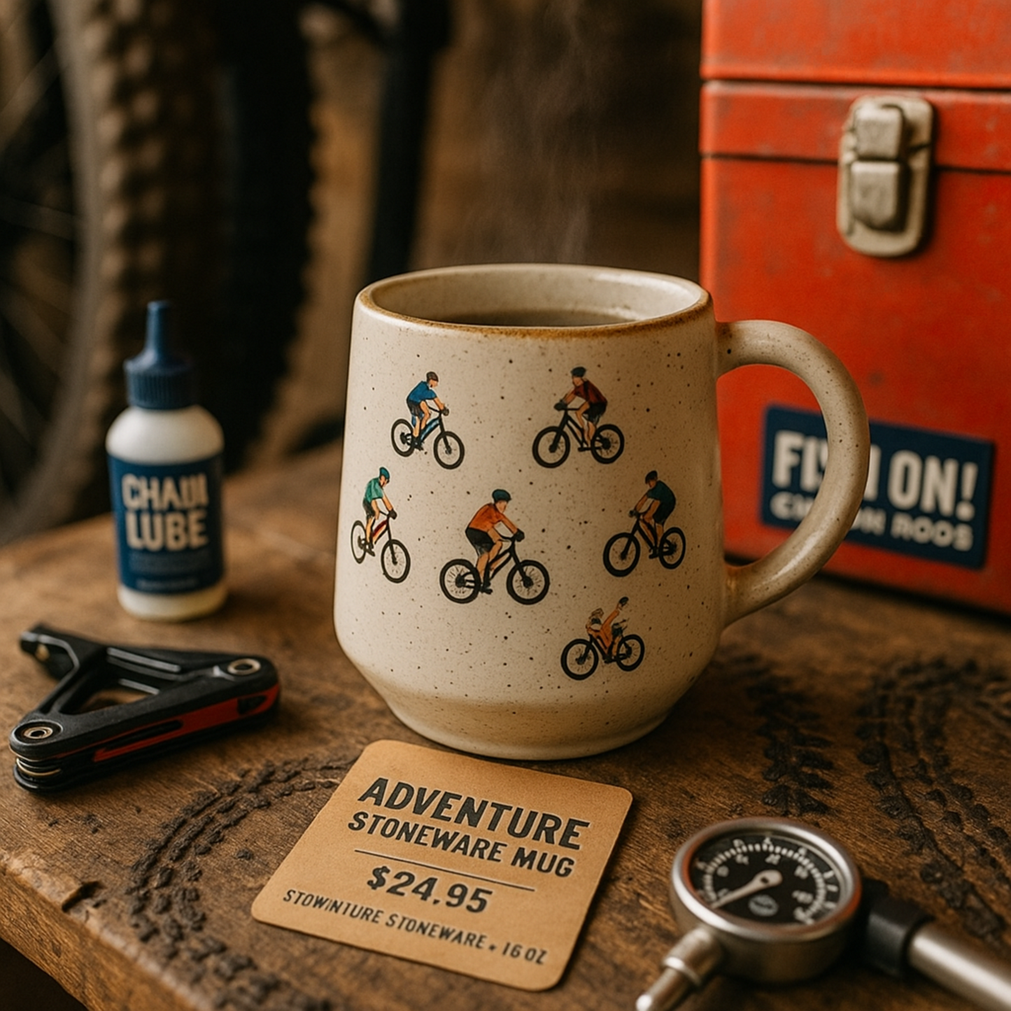 Ceramic mug with cycling designs on a wooden surface with tools and a toolbox.