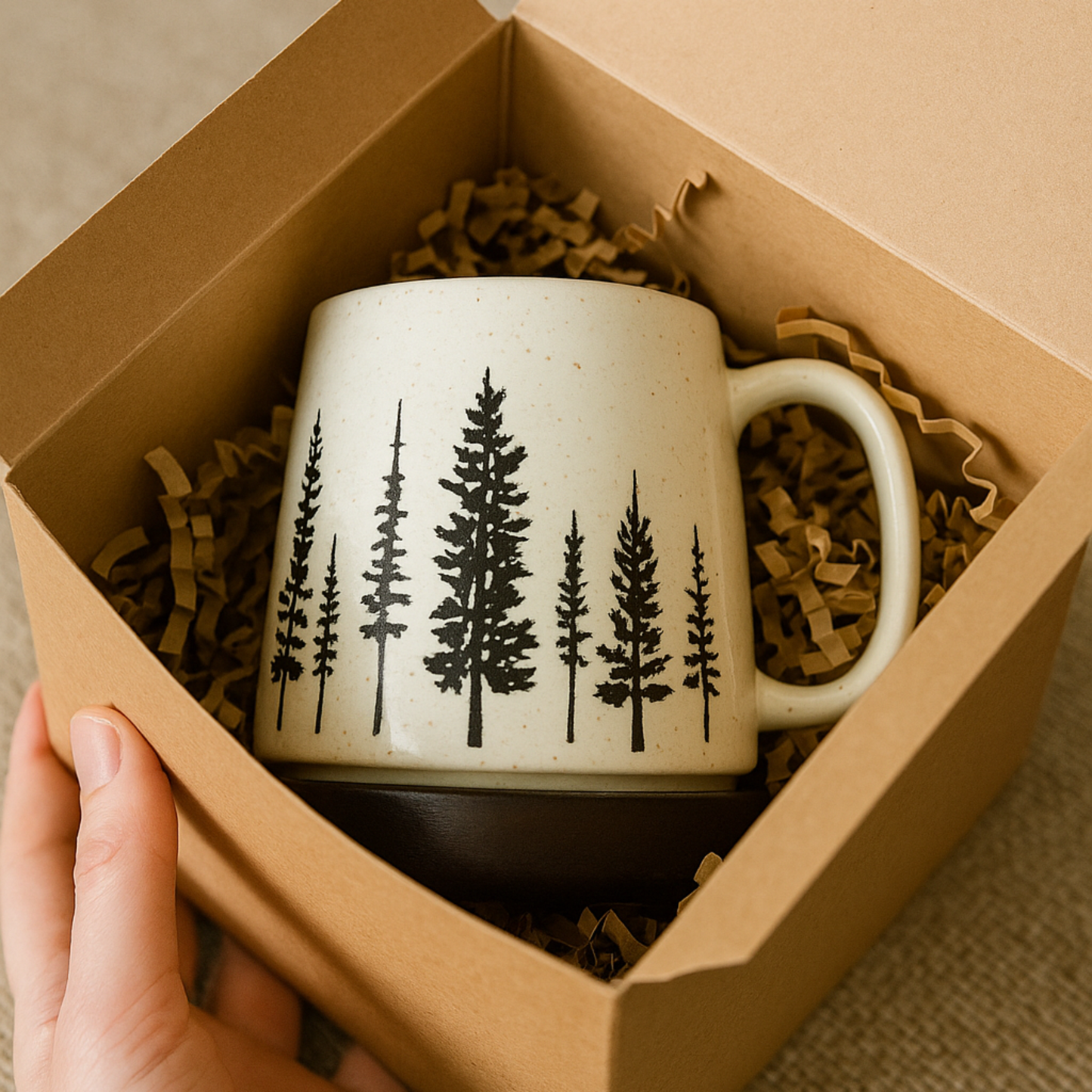 White mug with tree design in a brown box held by a hand