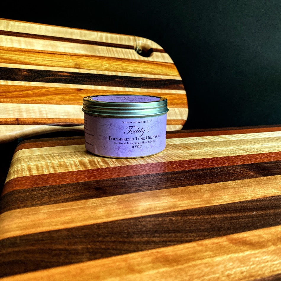 Teddy's Polymerized Tung Oil Paste A luscious one to two coat finish that's simply satisfying. For Wood, Brick, Stone, Metal, & Leather. Contains: Pure Polymerized Tung Oil, Pure Beeswax, & Hemp Seed Oil.
