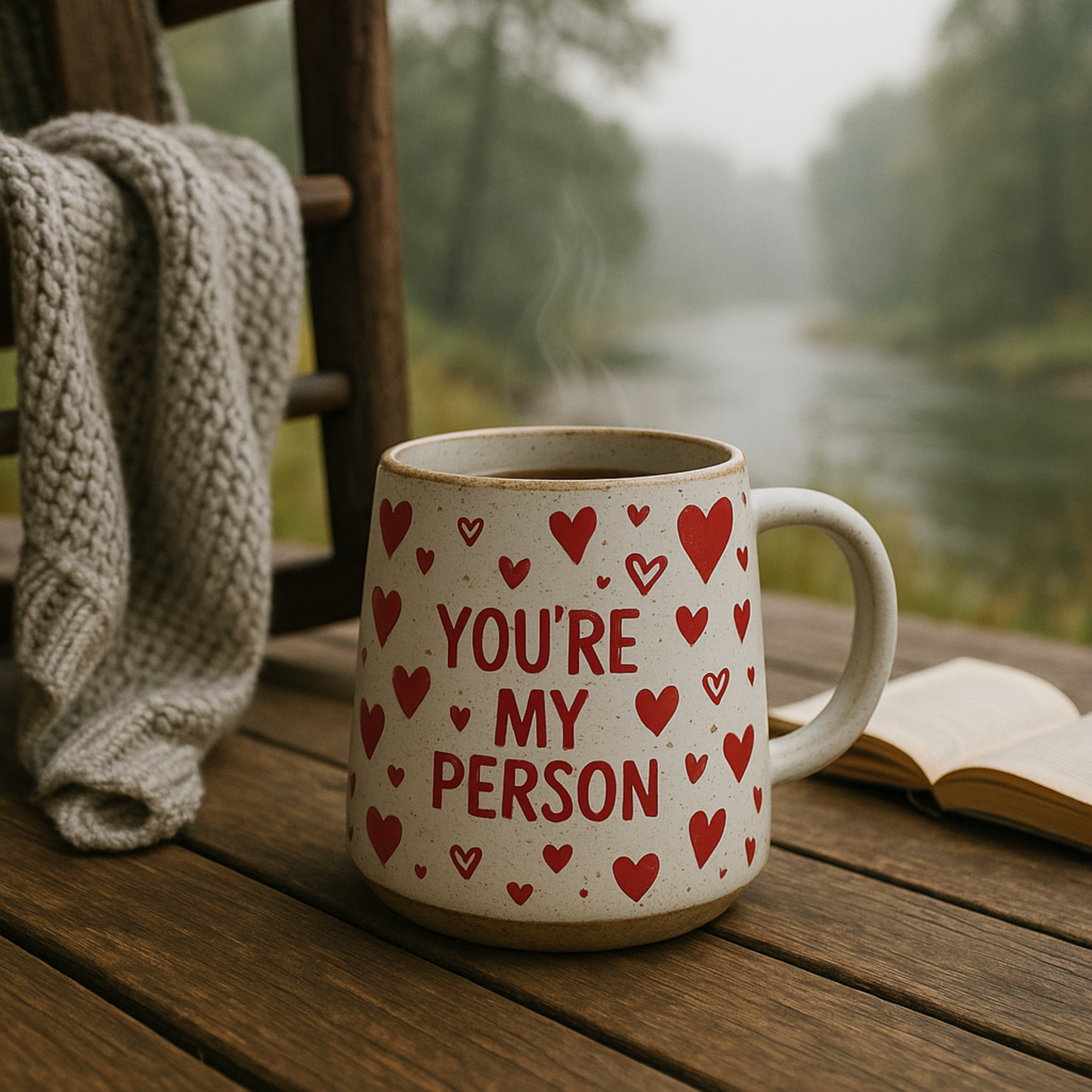 Mug with 'You're My Person' text and heart patterns on a wooden table by a lake.