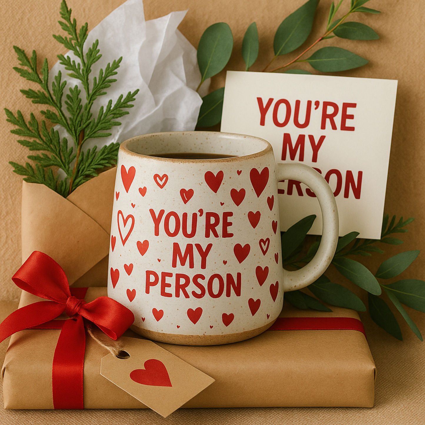 Ceramic mug with 'You're My Person' text and red hearts, wrapped gift with red ribbon, and card on brown background