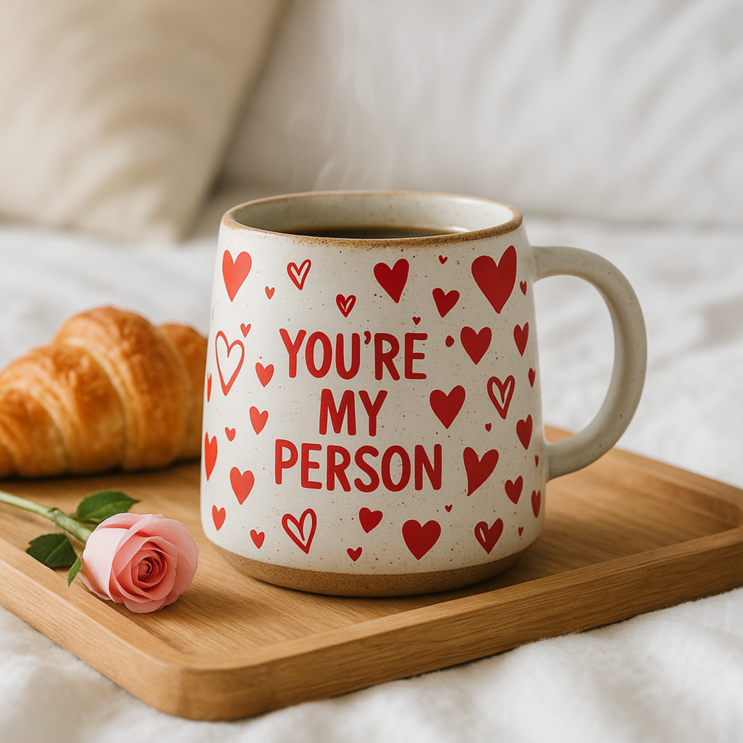 Mug with 'You're My Person' text and red hearts on a wooden tray with a croissant and rose.
