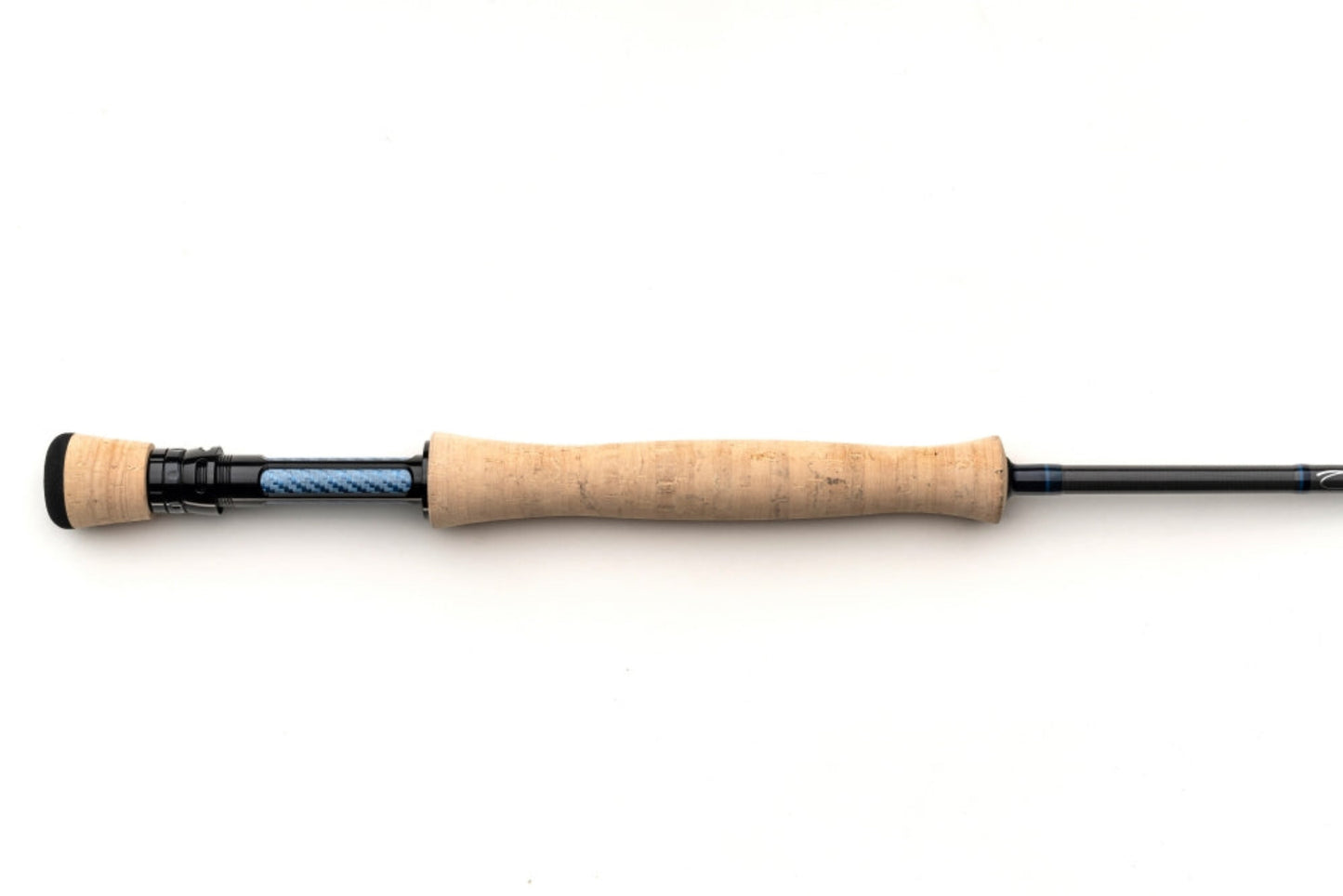 Fishing rod with beige handle and black components on a white background