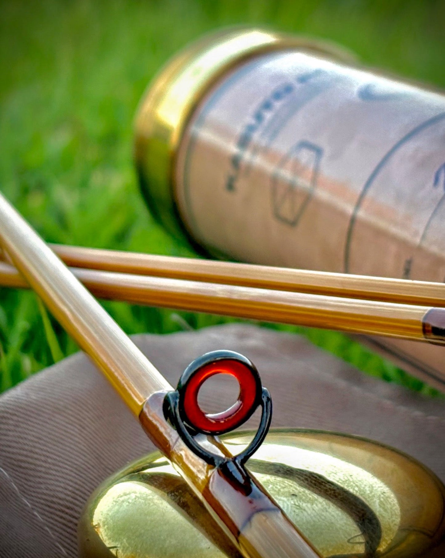 Close-up of a gold trombone mouthpiece with a red ring on grass.