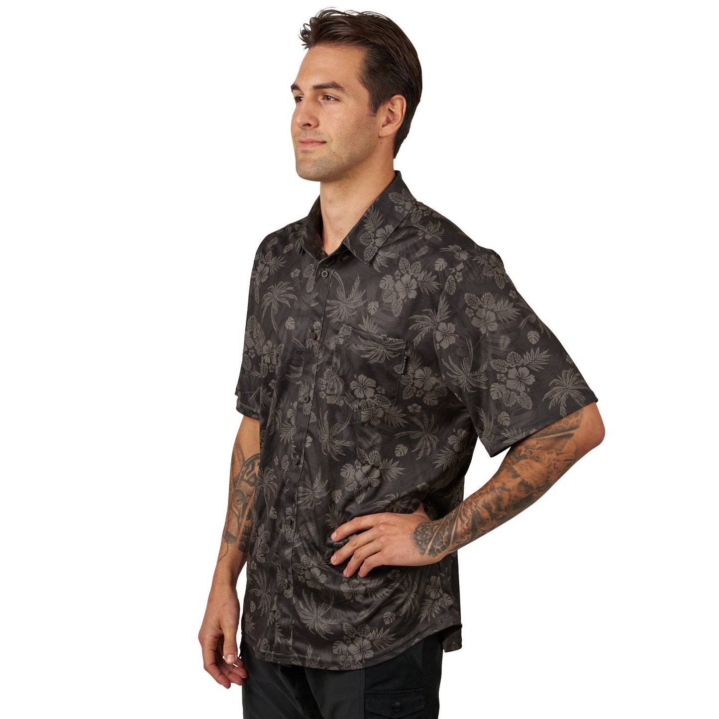 Side view of Men's Performance Button Up sun shirt highlighting 4-way stretch SUNsoft fabric