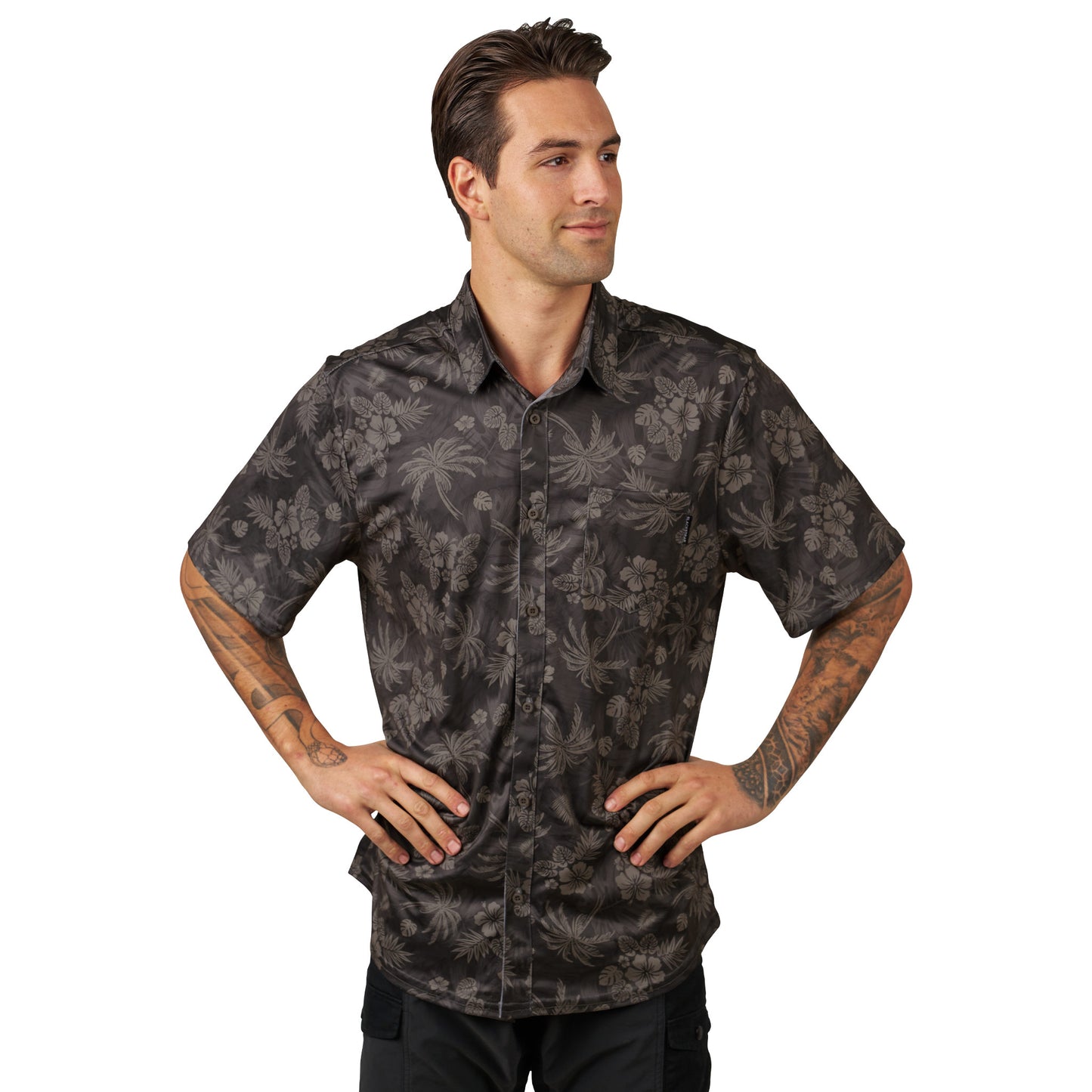 Detail shot of Men's Performance Button Up collar and button construction with UPF 50+ protection