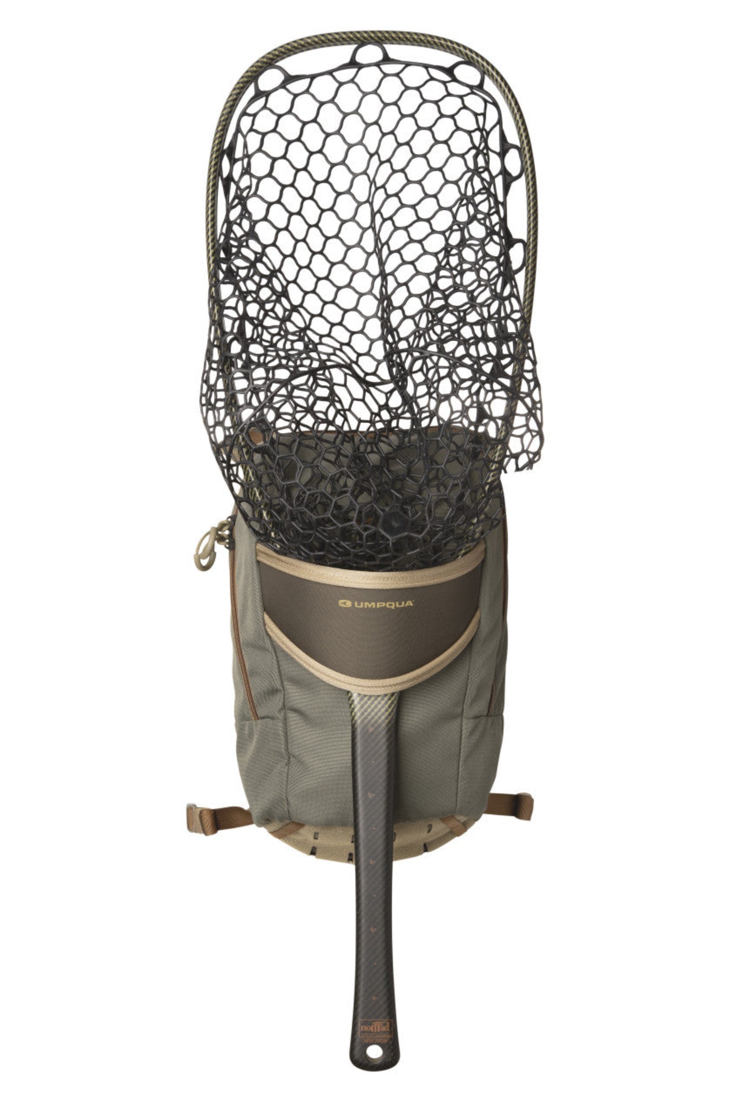 Fishing net with carrying bag on a white background