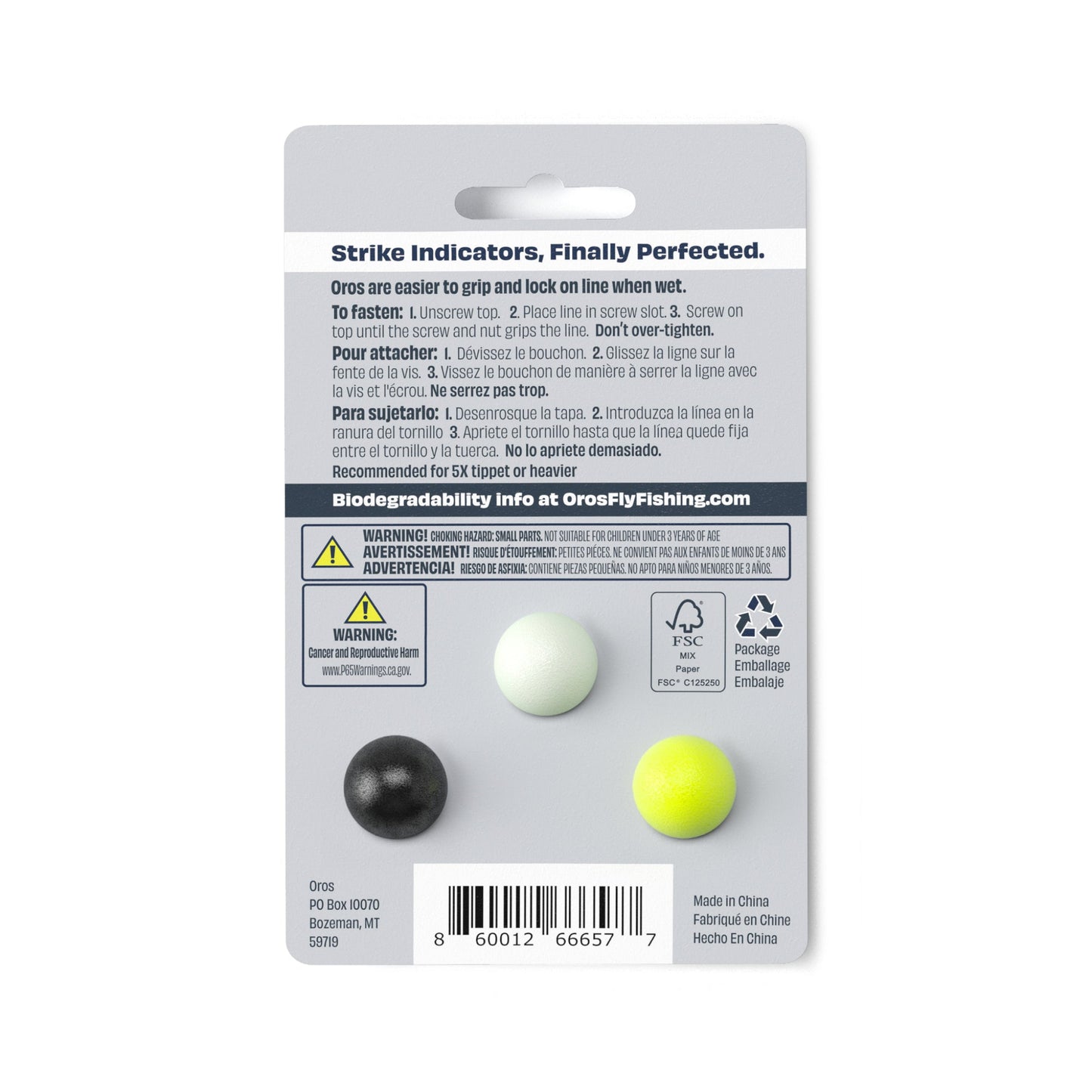 Oros indicators feature patent pending Soft-Lock™ technology. The design encloses fastening hardware inside of two molded soft foam hemispheres. When closed, the hardware holds the line, while the foam hemispheres compress creating friction between the two hemispheres that keeps them from disengaging. 