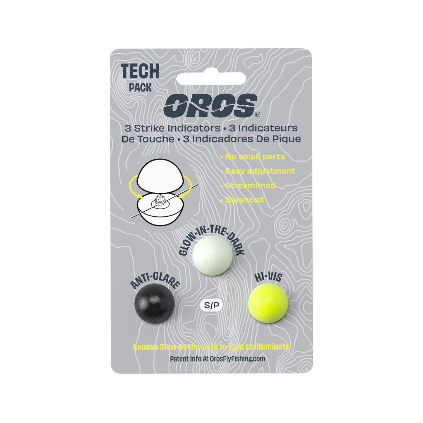 Oros indicators feature patent pending Soft-Lock™ technology. The design encloses fastening hardware inside of two molded soft foam hemispheres. When closed, the hardware holds the line, while the foam hemispheres compress creating friction between the two hemispheres that keeps them from disengaging. 