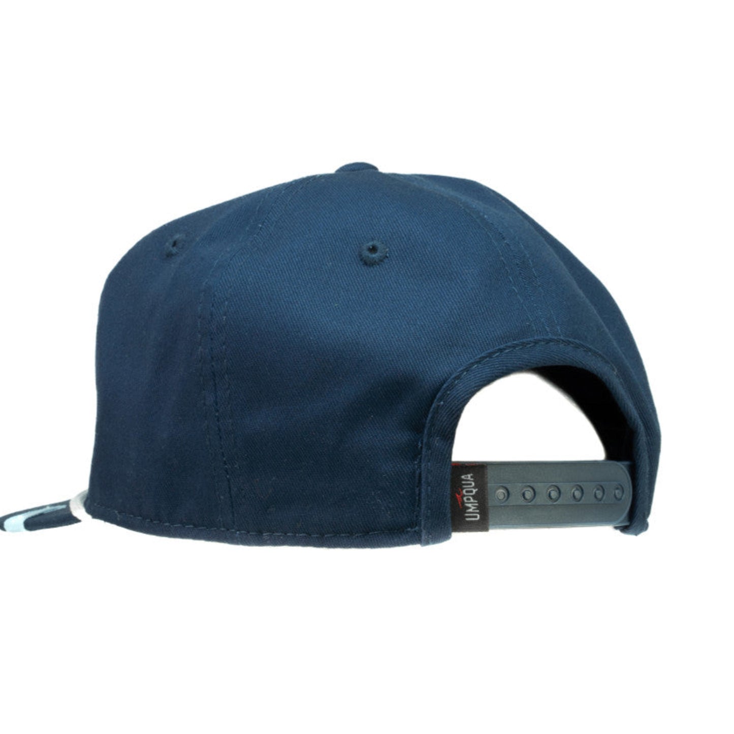 Navy blue cap with a brand logo on the back on a white background