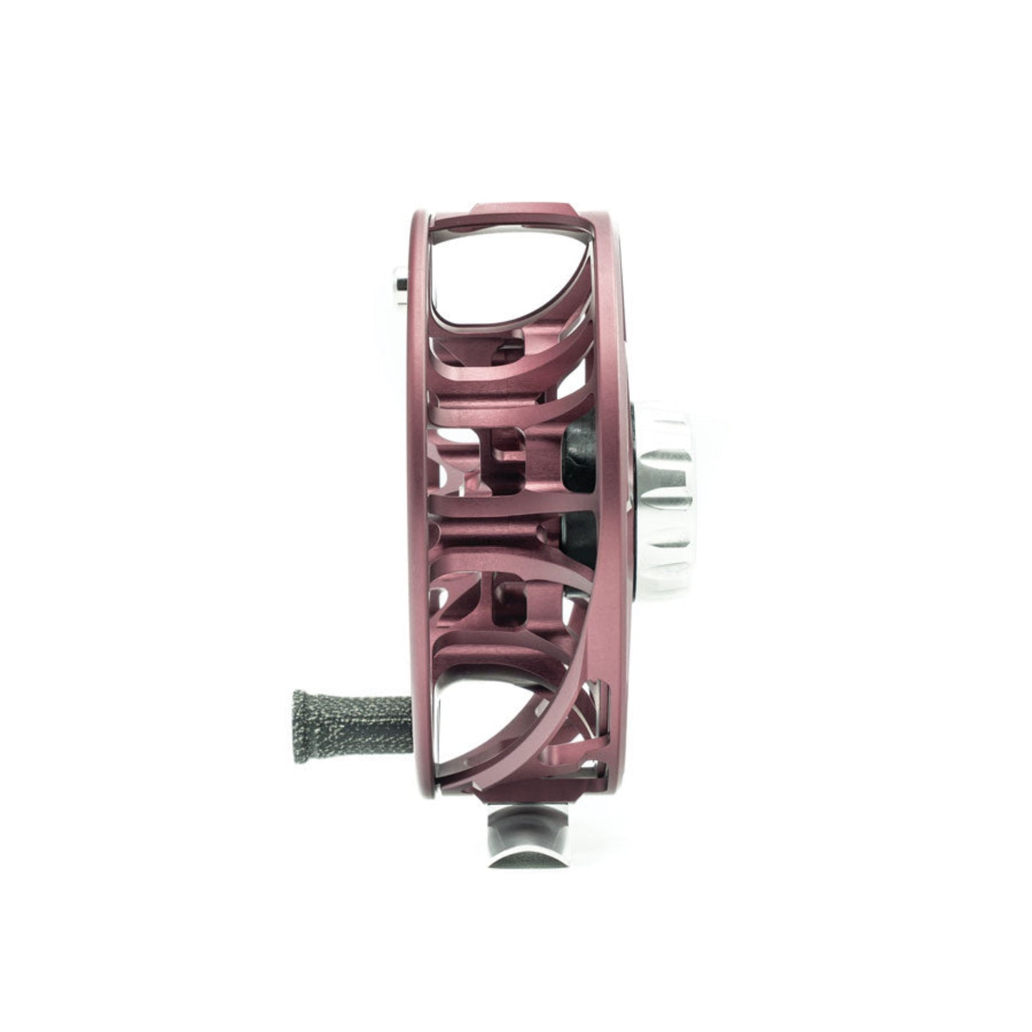 Fishing reel with a metallic pink frame on a white background