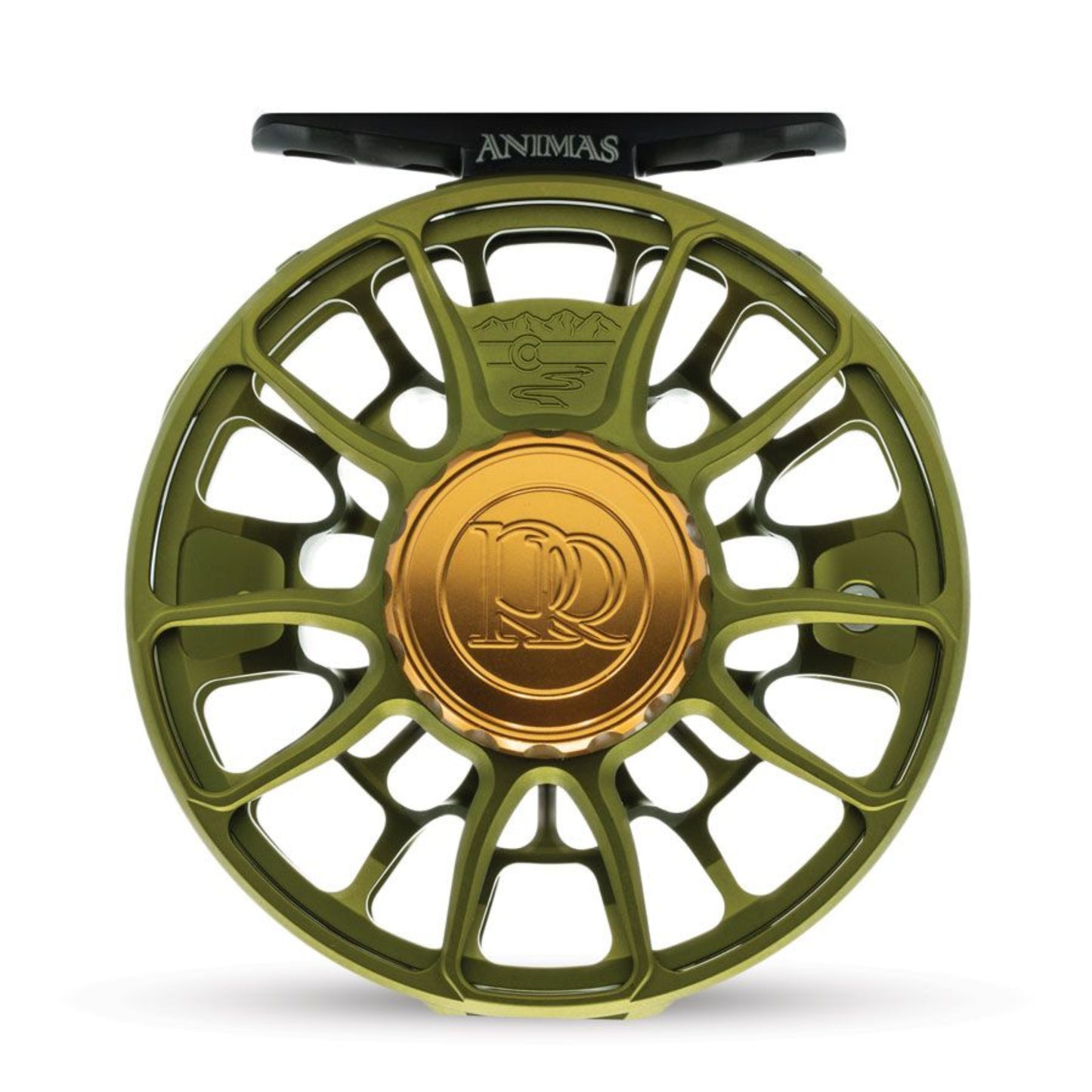 Fishing reel with gold center and green frame on a white background