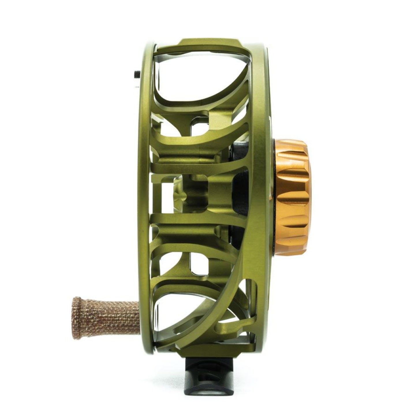 Fishing reel with green frame and gold accents on a white background