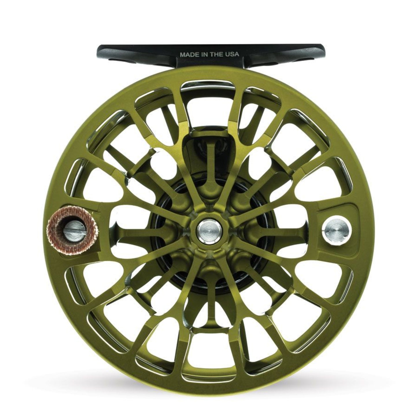 Matte Olive fly fishing reel with 'Made in the USA' label on a white background