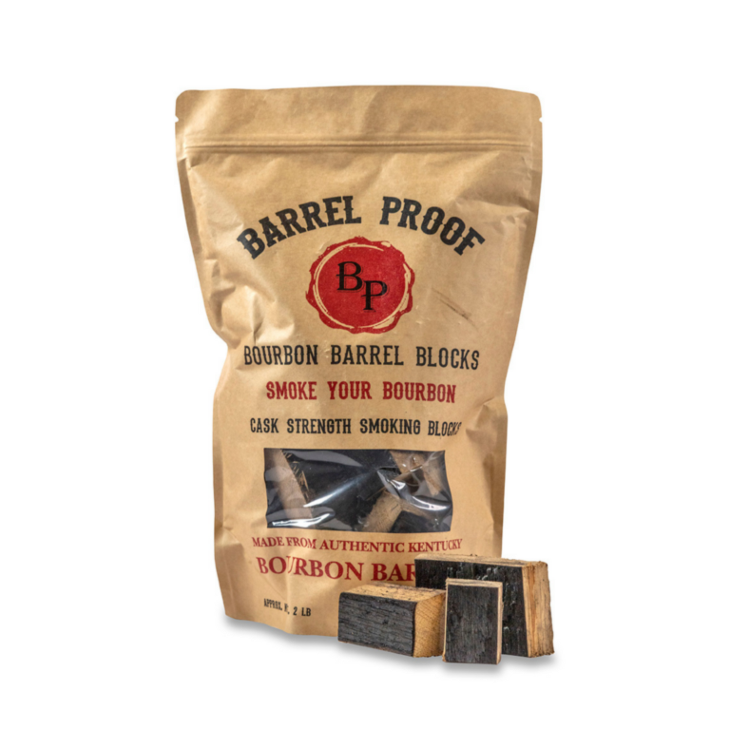 Kraft paper packaging of Bourbon Barrel Blocks with branding and product details.