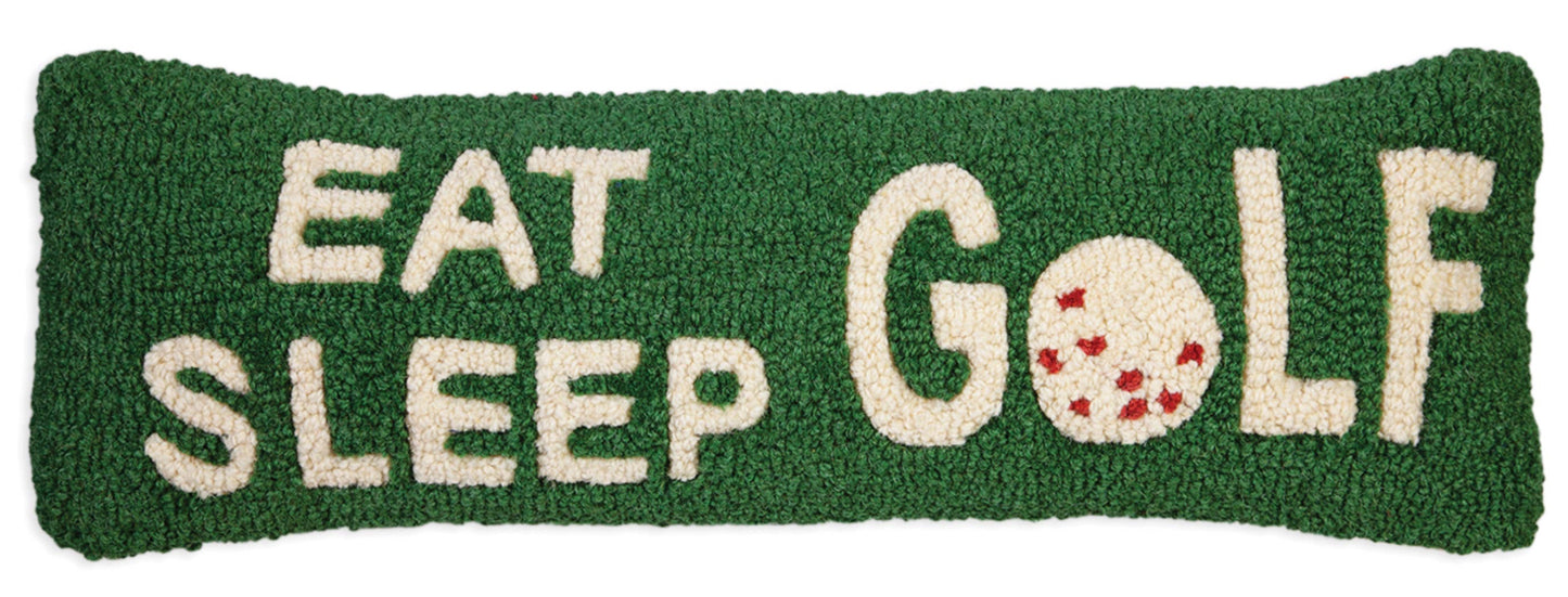 Decorative pillow with 'Eat Sleep Golf' text and a golf ball graphic on a green background