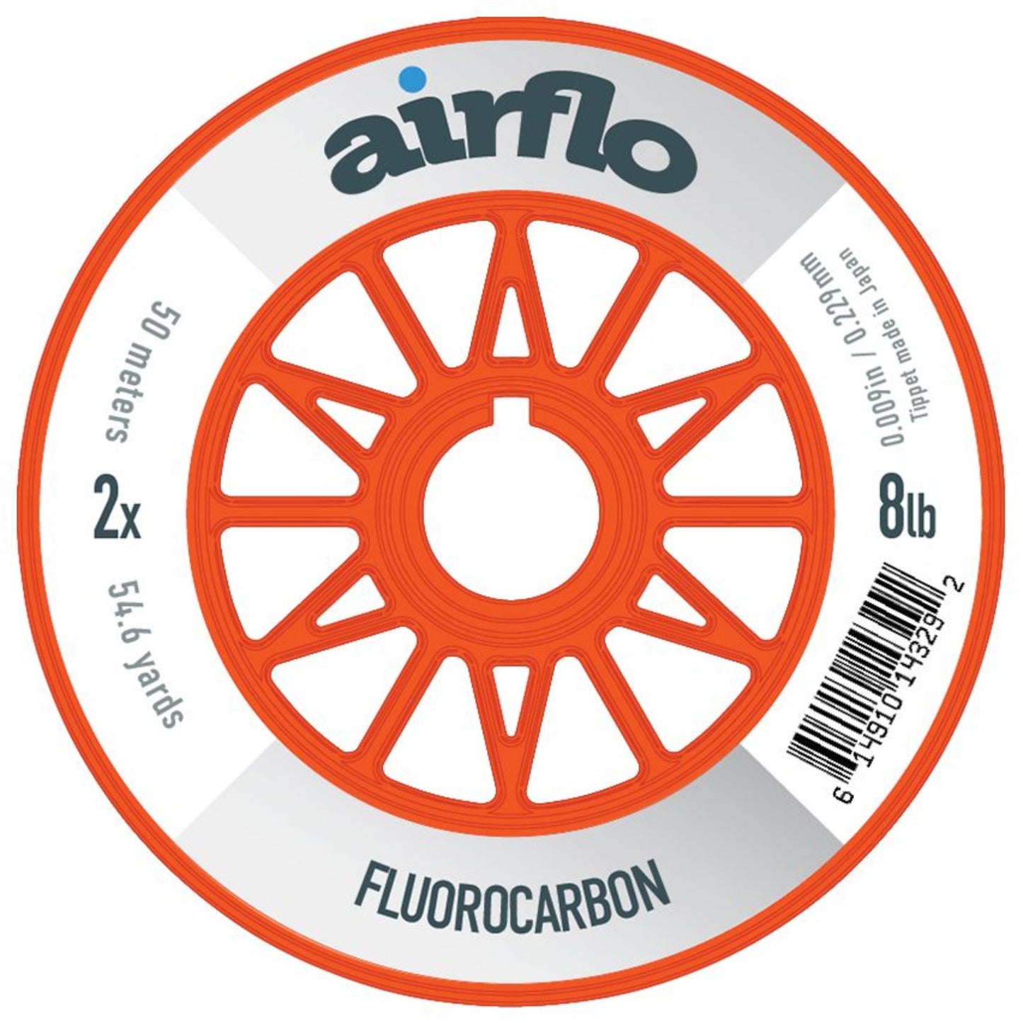 Orange spool of Airflo fluorocarbon fishing line on a white background