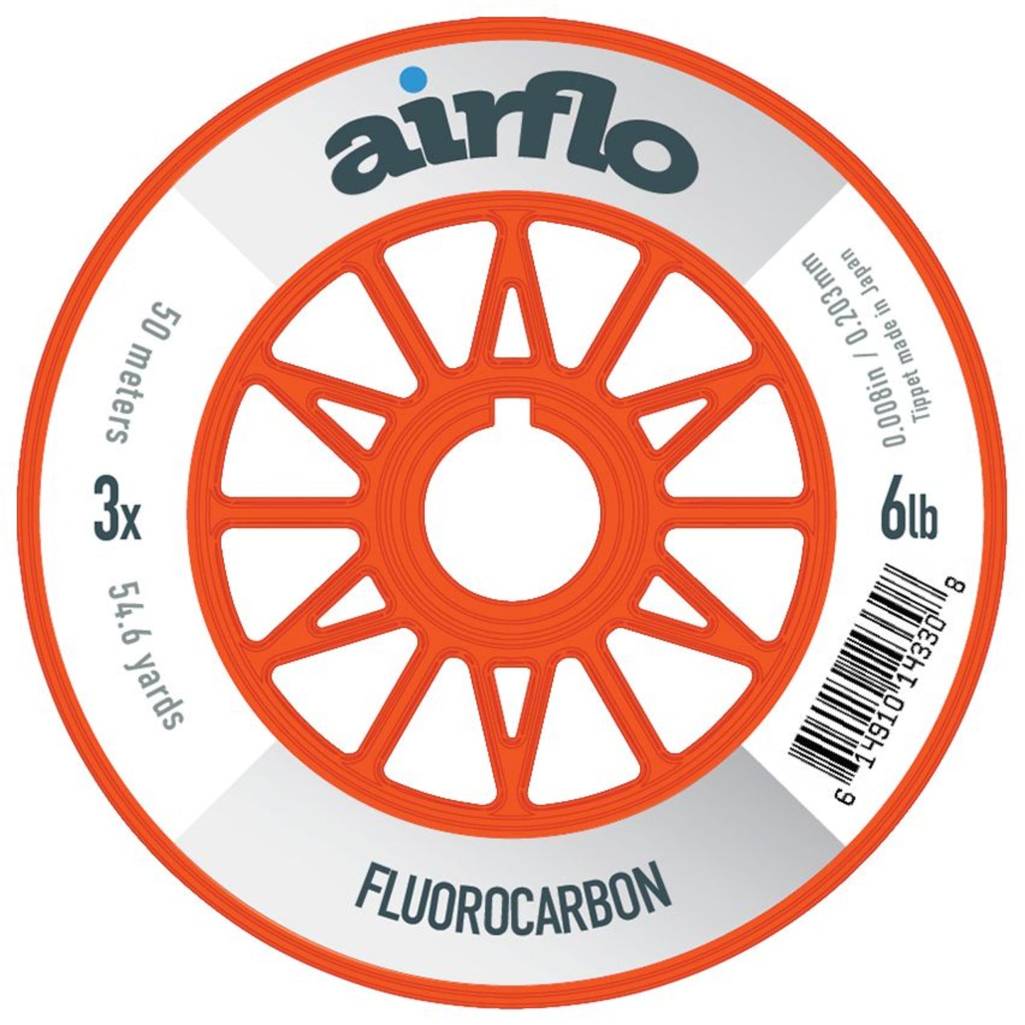 Orange spool of Airflo fluorocarbon fishing line on a white background