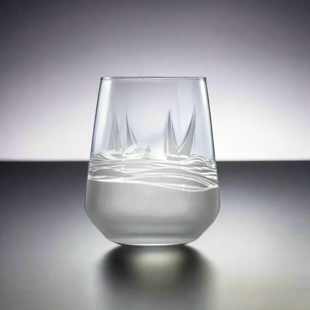 Experience the charm of the sea with every sip from our Regatta 15.75oz Stemless Wine Glass. This beautifully crafted glass features a sand-etched design of stylized sailboats, adding a touch of nautical elegance to your wine tasting experience. The stemless design ensures a comfortable grip, while the deep bowl allows you to appreciate the aroma of your favorite wines. Perfect for wine enthusiasts and nautical aficionados alike.