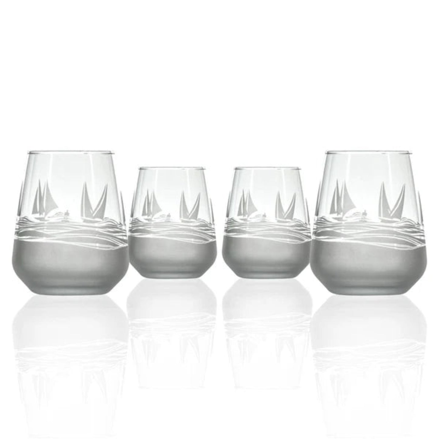 Experience the charm of the sea with every sip from our Regatta 15.75oz Stemless Wine Glass. This beautifully crafted glass features a sand-etched design of stylized sailboats, adding a touch of nautical elegance to your wine tasting experience. The stemless design ensures a comfortable grip, while the deep bowl allows you to appreciate the aroma of your favorite wines. Perfect for wine enthusiasts and nautical aficionados alike.