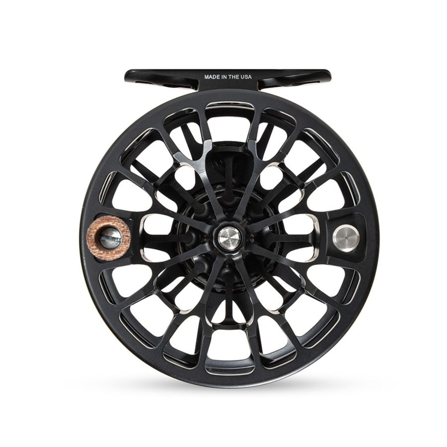 Black fly fishing reel with 'Made in the USA' text on a white background