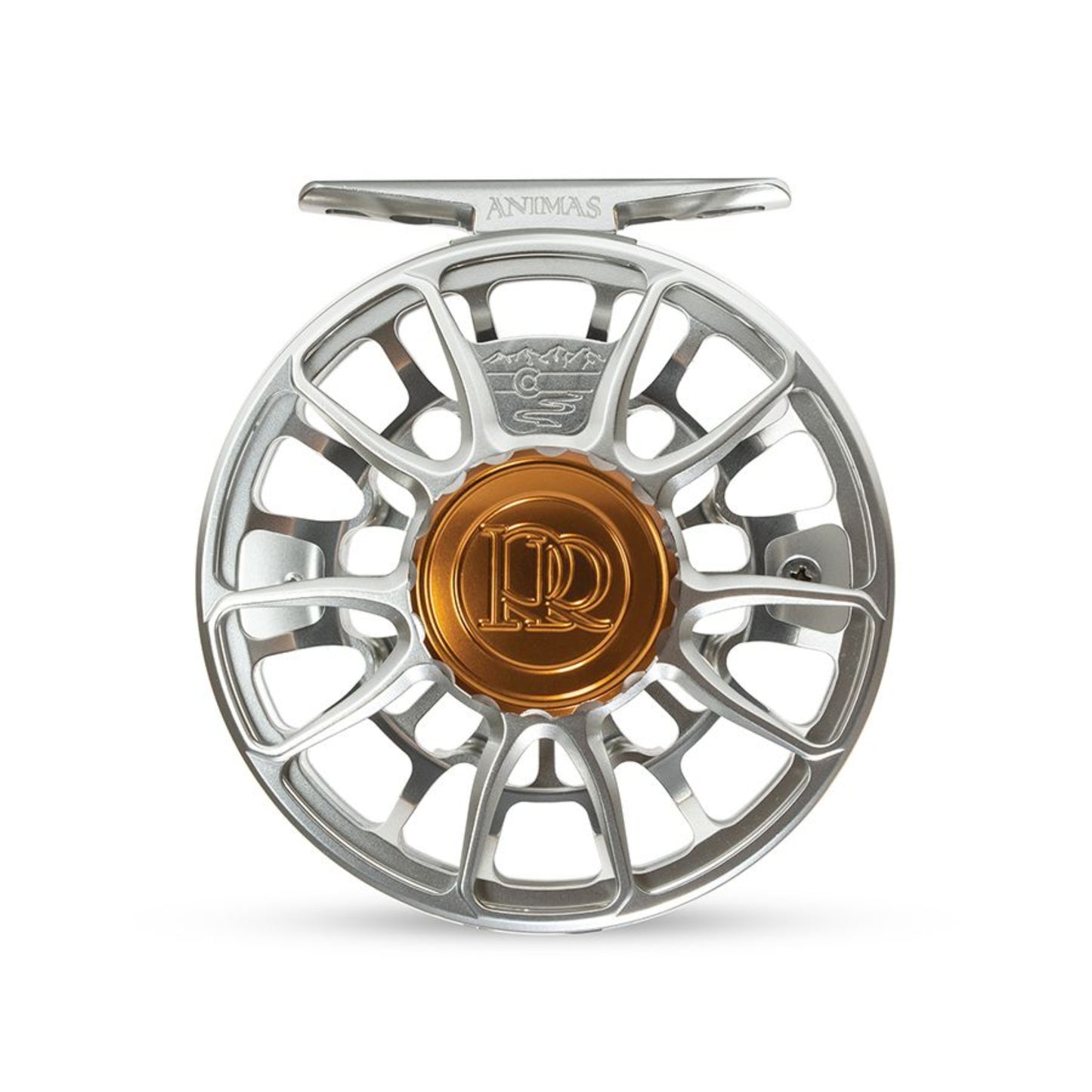 Silver fly fishing reel with gold center on a white background