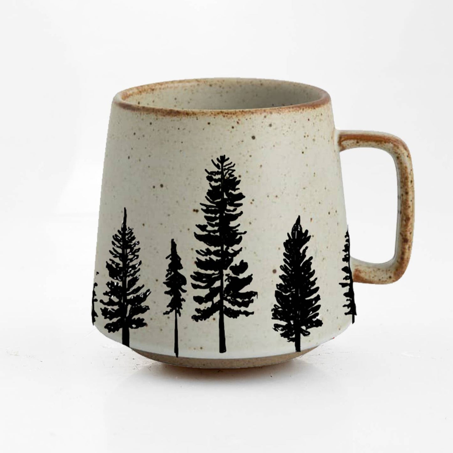 Ceramic mug with black tree pattern on a white background