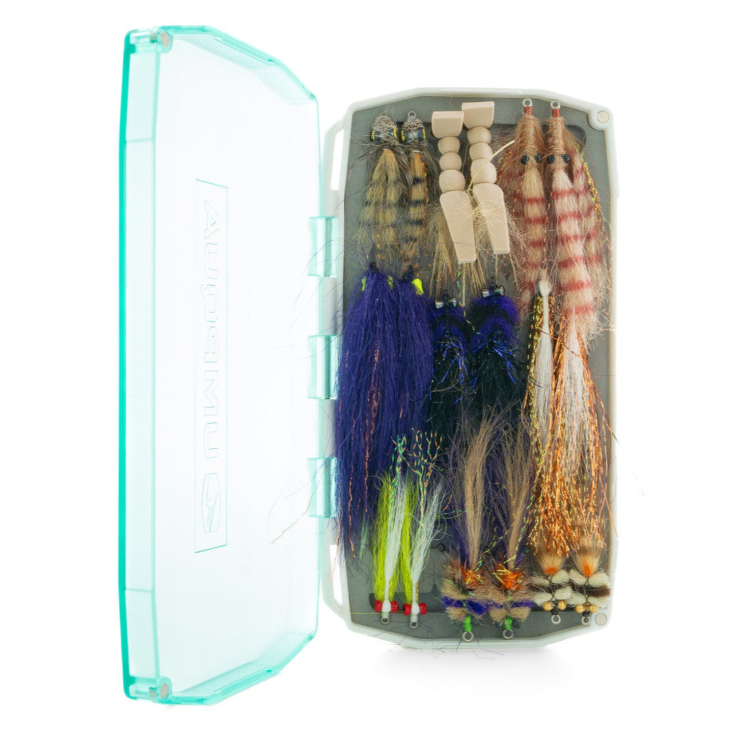 Fishing lure set in a clear plastic case on a white background