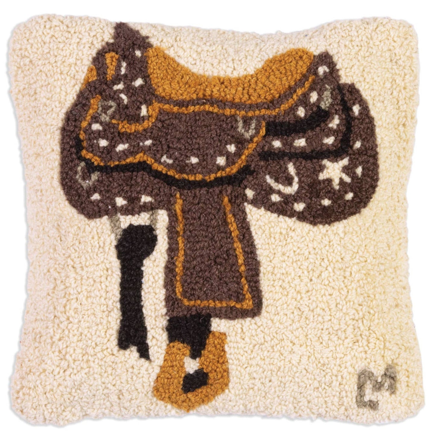 Decorative pillow with a horse and saddle design on a beige background
