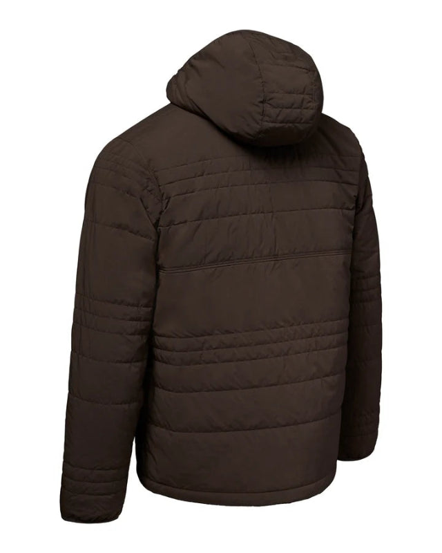 A dark brown hooded puffer jacket shown from the back, featuring horizontal quilting and long sleeves, set against a plain white background.