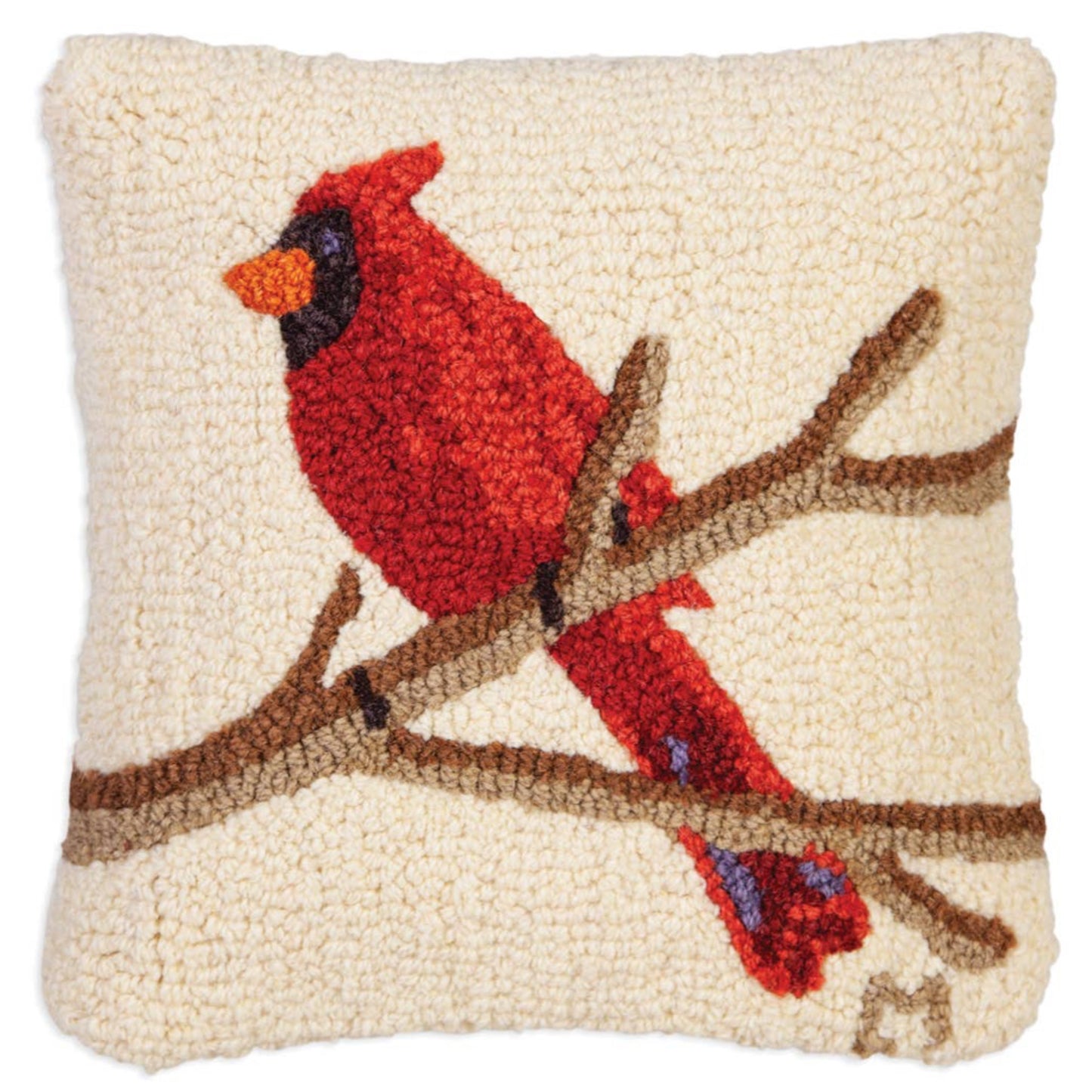 Pillow with a red cardinal bird on a branch design. Hand-hooked wool decorative pillow featuring red cardinal perched on branch against white background, 14x14 inches