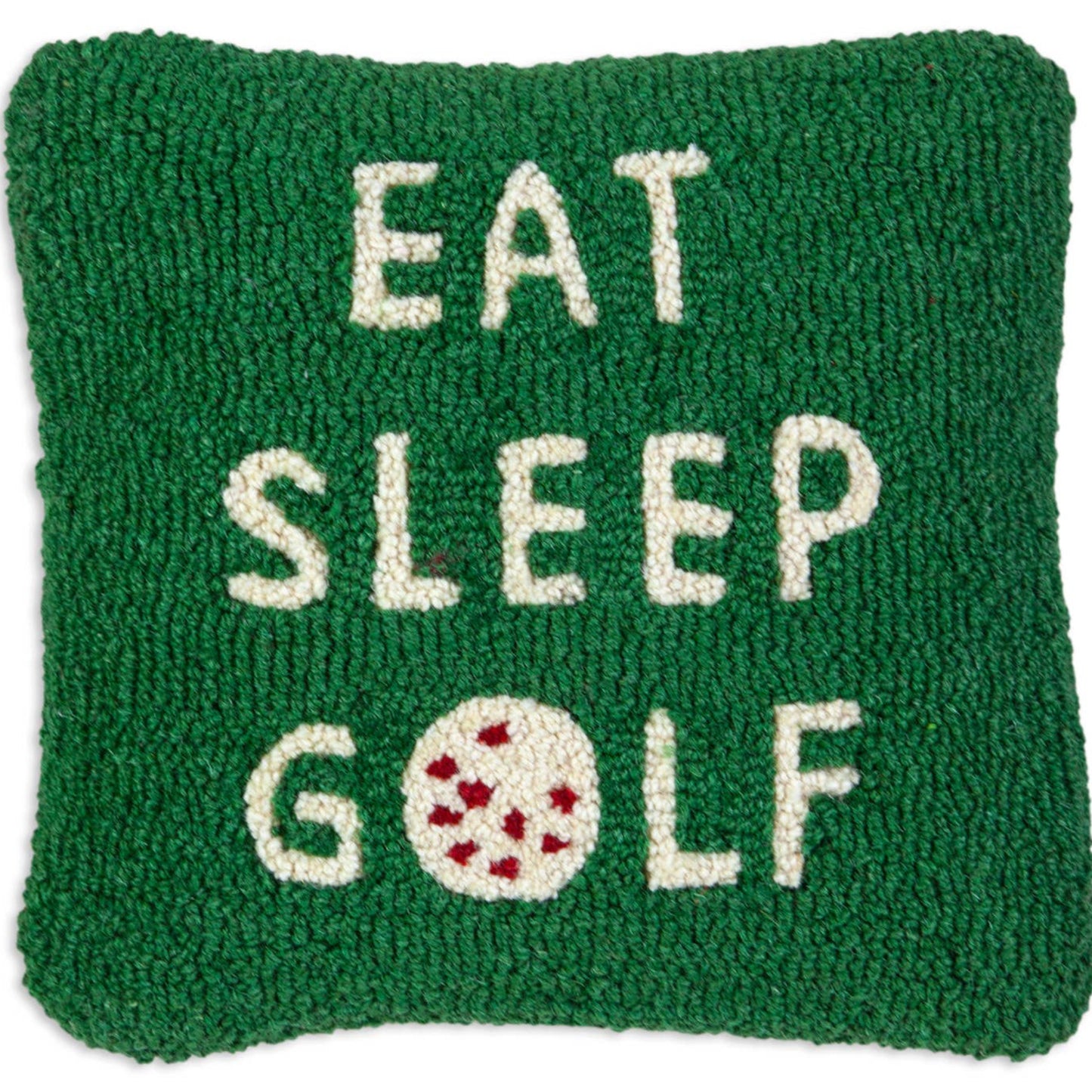 Green pillow with 'Eat Sleep Golf' text and golf ball design on a white background