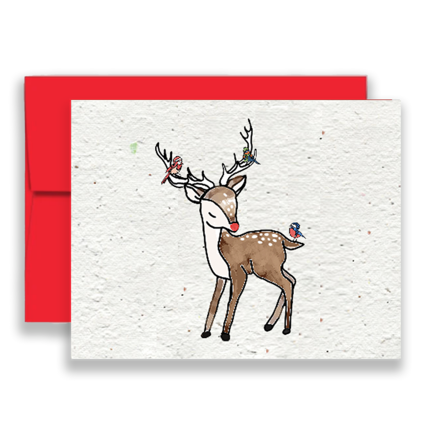Greeting card with a reindeer illustration on a white background